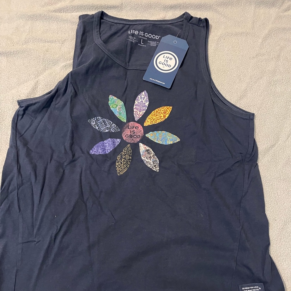 Blue flower Life is Good tank size large NWT